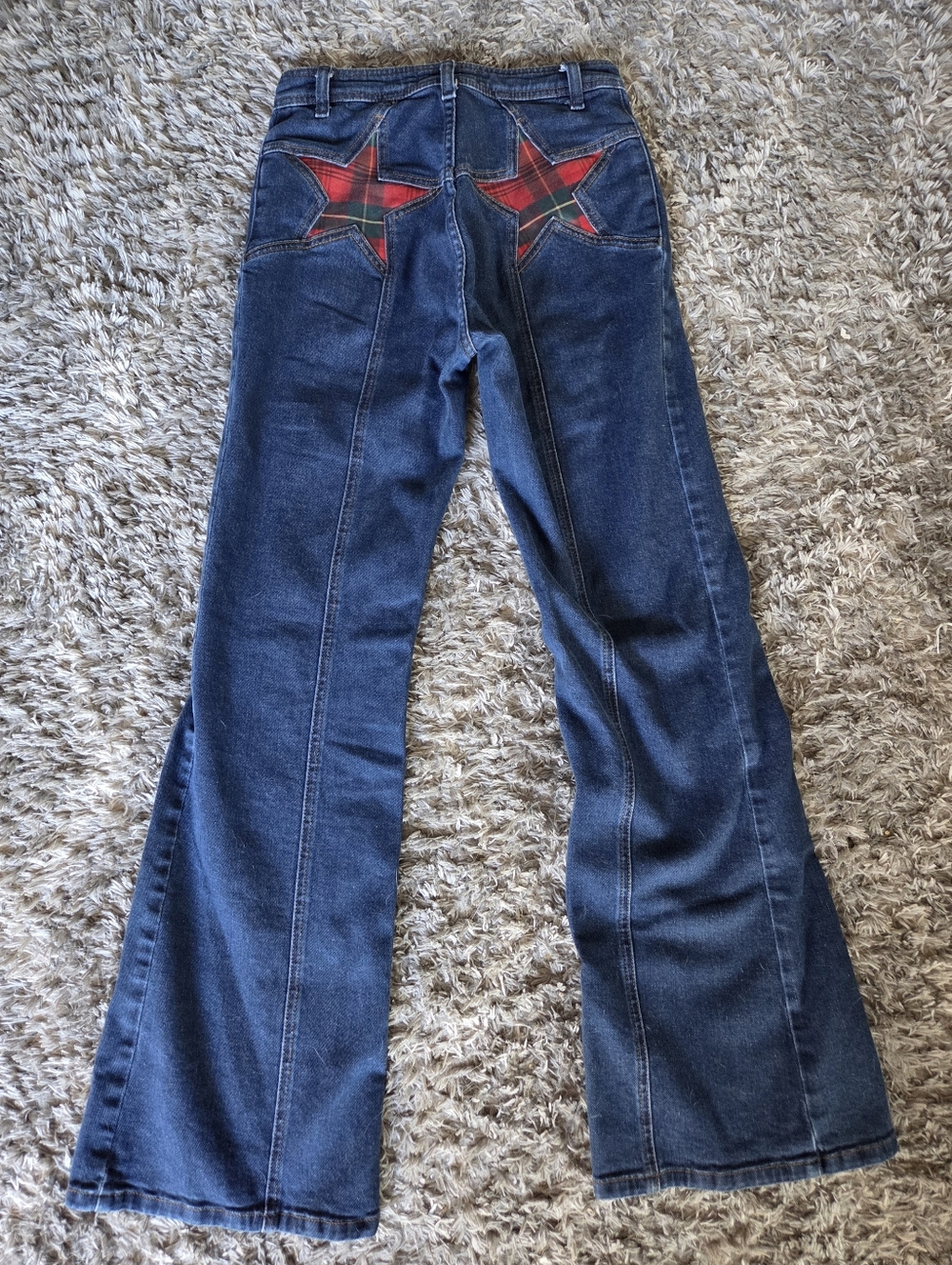 We The Free Dark Blue Flared Jeans with Red Plaid Star Back Patches